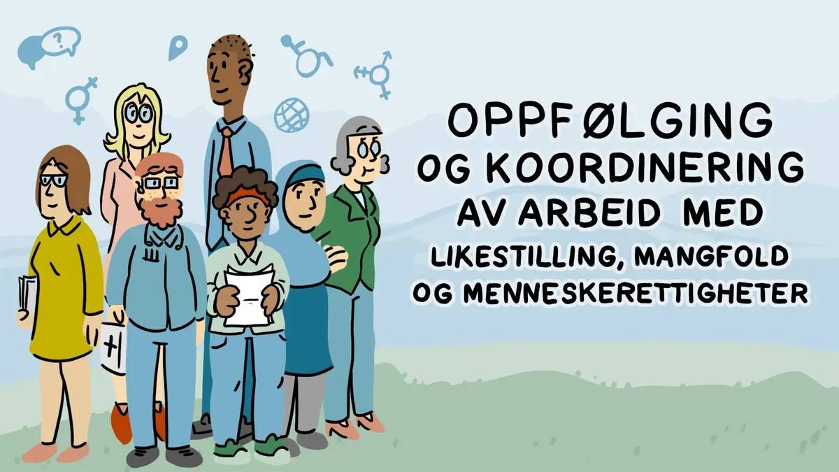 Tegnet bilde med tekst; oppfølging og koordinering av arbeid med likestilling, mangfold og menneskerettigheter